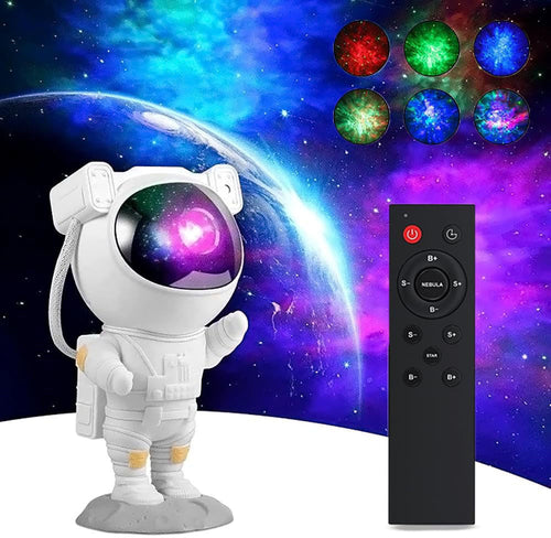 Toy astronaut with colorful light show and remote control against a space-themed background