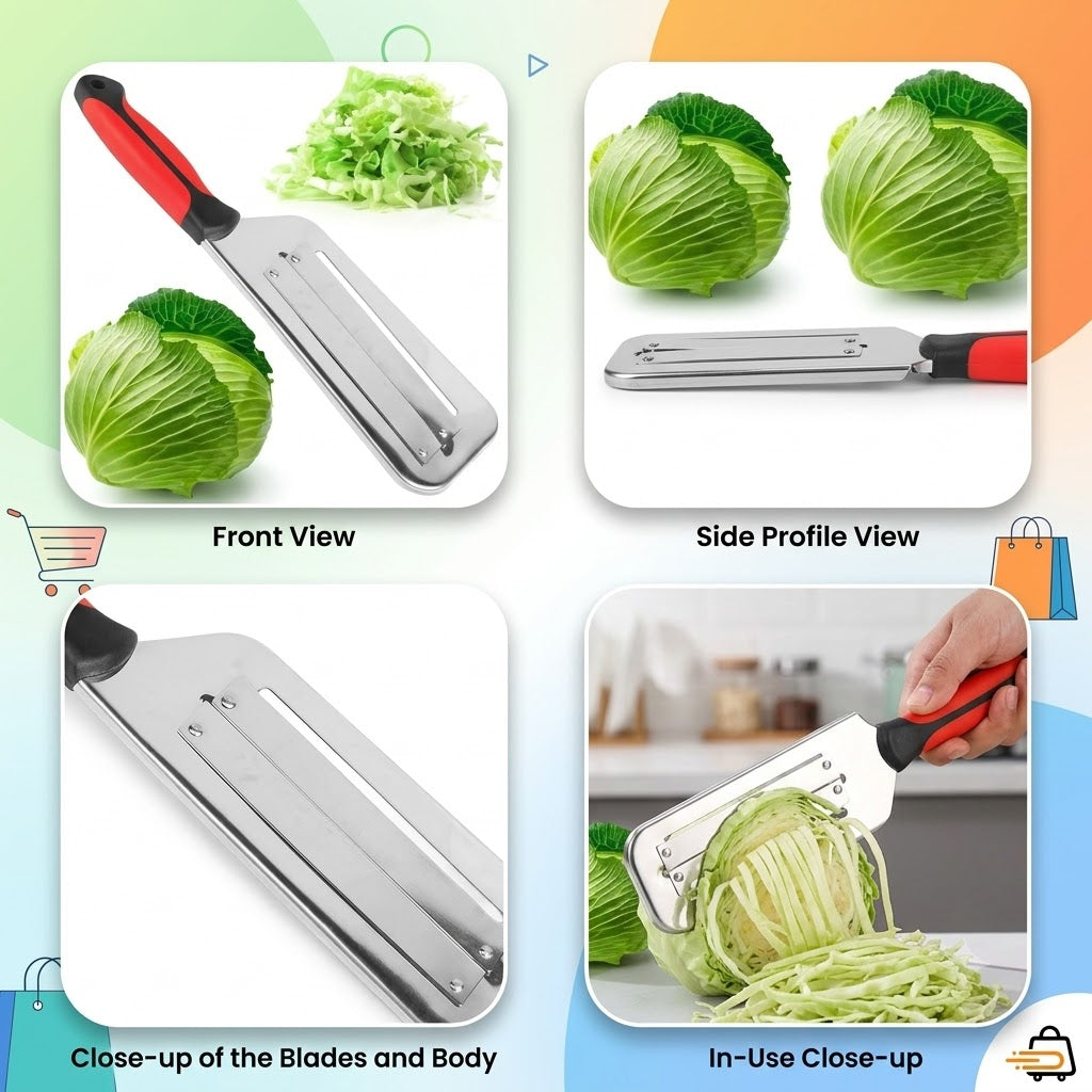 Stainless Steel Vegetable Slicer & Cabbage Shredder – Handheld Mandoline Cutter