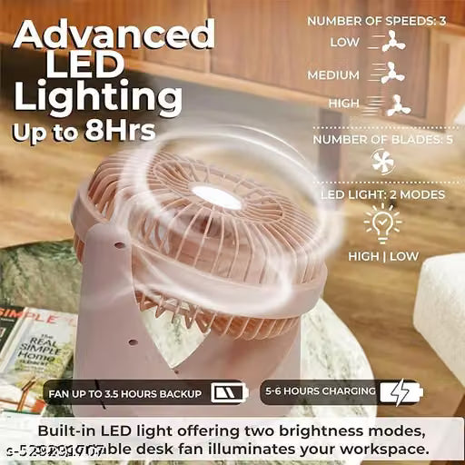 Rechargeable High Speed Table Fan with LED Light | Portable USB Fan for Home & Office