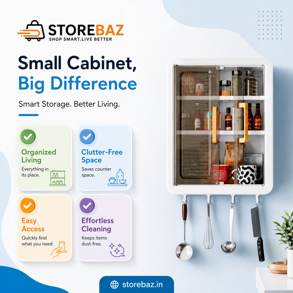 Wall Mounted Storage Cabinet with Transparent Double Door & Utility Hooks | Kitchen & Bathroom Organizer