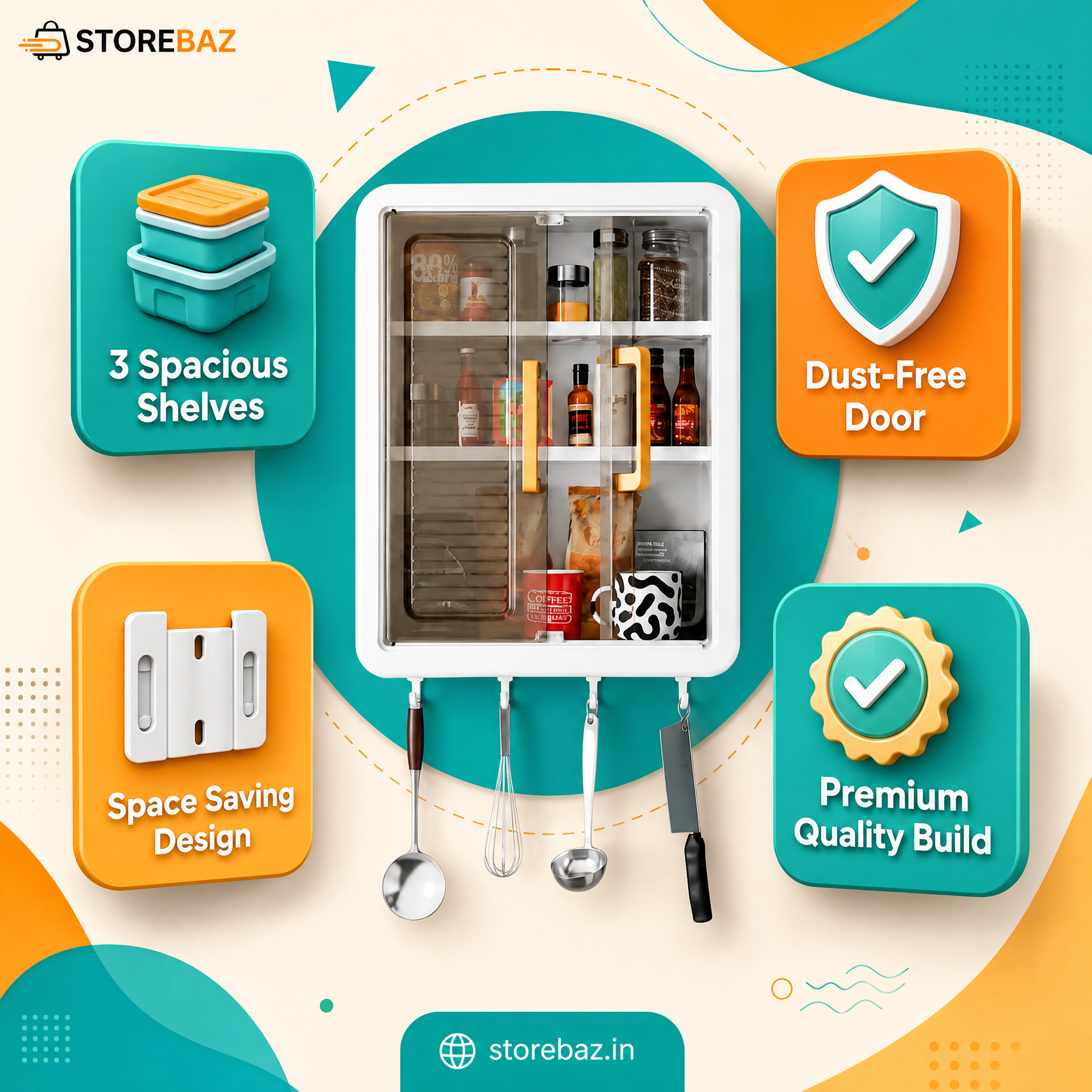 Wall Mounted Storage Cabinet with Transparent Double Door & Utility Hooks | Kitchen & Bathroom Organizer