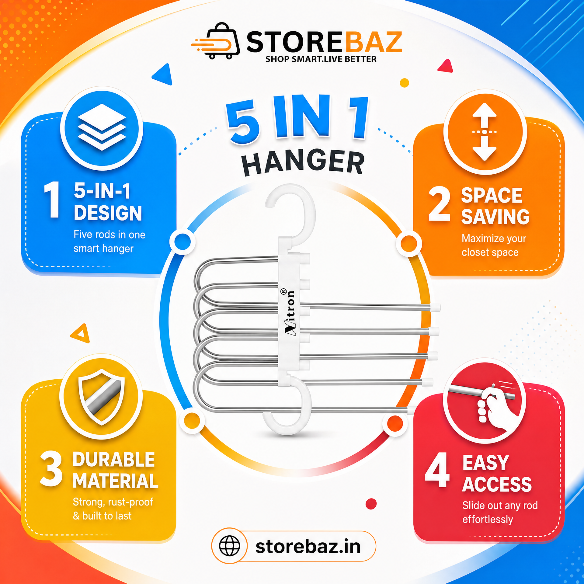 5-in-1 Trouser Hanger Organizer | Adjustable Stainless Steel Space-Saving Pants Hanger