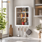 Wall Mounted Storage Cabinet with Transparent Double Door & Utility Hooks | Kitchen & Bathroom Organizer