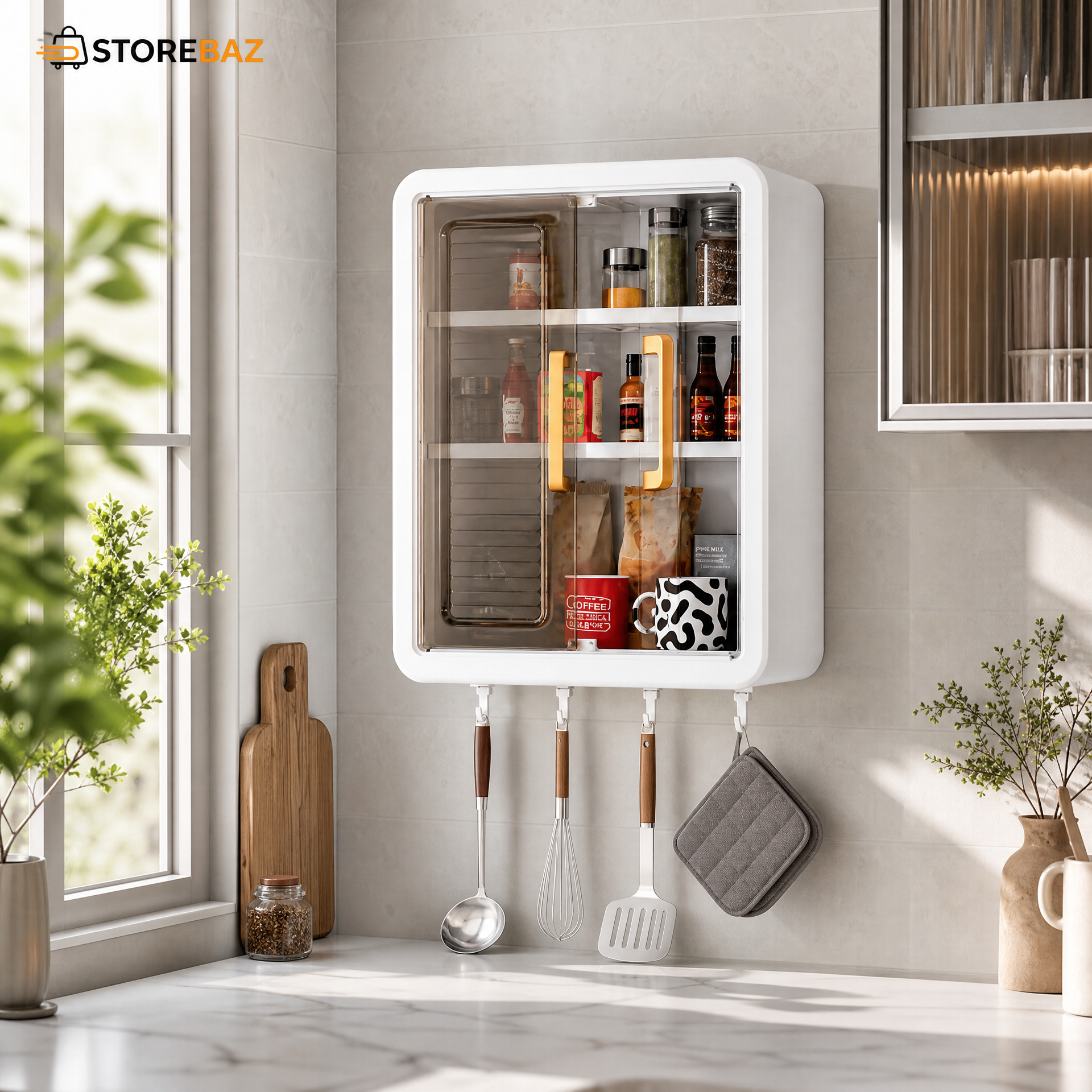 Wall Mounted Storage Cabinet with Transparent Double Door & Utility Hooks | Kitchen & Bathroom Organizer