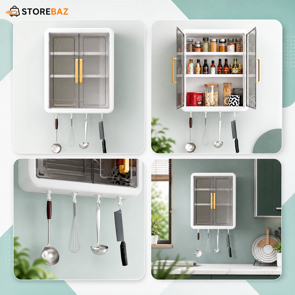 Wall Mounted Storage Cabinet with Transparent Double Door & Utility Hooks | Kitchen & Bathroom Organizer
