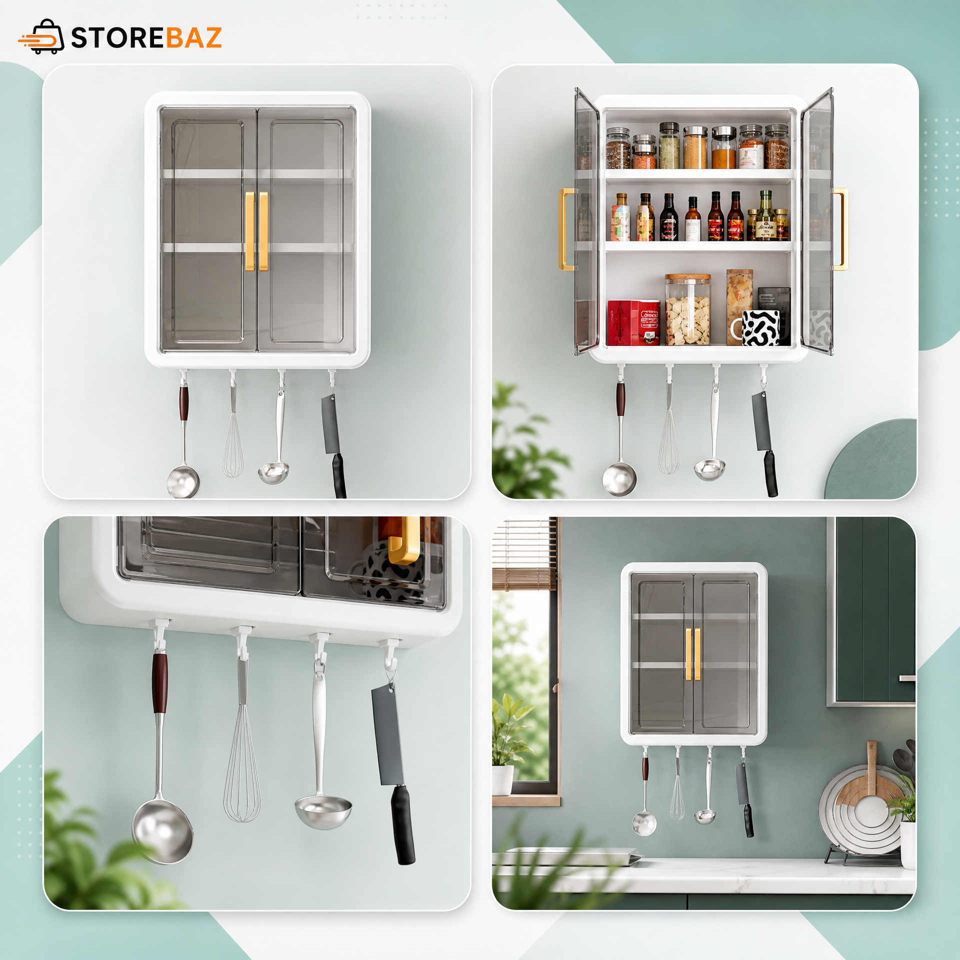 Wall Mounted Storage Cabinet with Transparent Double Door & Utility Hooks | Kitchen & Bathroom Organizer
